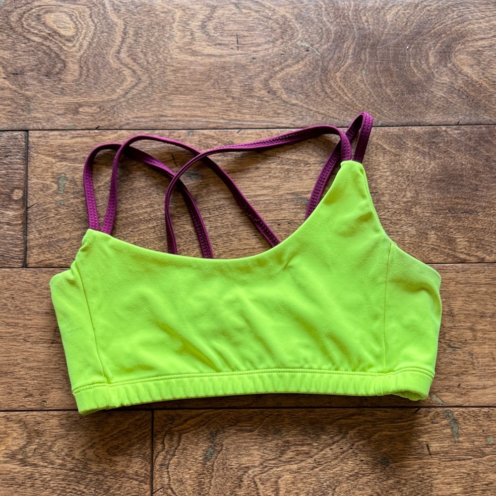 Women’s Neon Green Sports Bra with Plum Straps